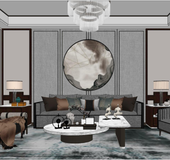 081新中式后现代港式轻奢新古典客厅su草图模型下载