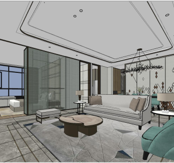 084后现代简约港式轻奢北欧客厅su草图模型下载