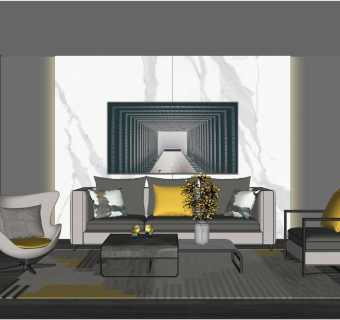 070现代北欧轻奢后现代客厅su草图模型下载