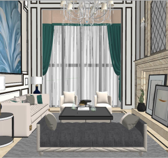 025美式新古典简欧式法式客厅su草图模型下载