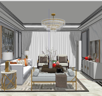064美式简欧式法式后现代港式轻奢北欧客厅su草图模型下载