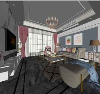 088轻奢北欧现代后现代法式美式客厅su草图模型下载