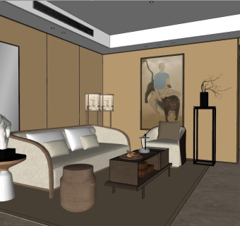 054日式新中式新古典泰式客厅su草图模型下载