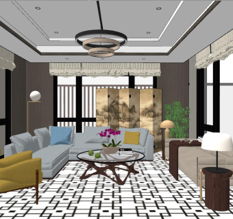 055新中式后现代简约港式日式泰式客厅su草图模型下载