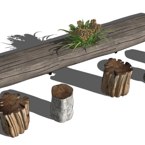 现代原木木头凳子现代圆木头凳子圆几边几木墩茶台su草图模型下载