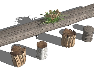 现代原木木头凳子现代圆木头凳子圆几边几木墩茶台su草图模型下载