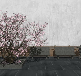 新中式樱花树石凳篱笆组合su草图模型下载