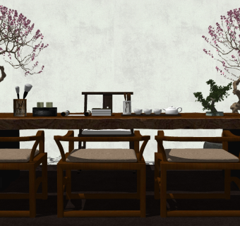 新中式茶室实木茶桌椅吊灯摆件 su草图模型下载