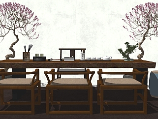 新中式茶室实木茶桌椅吊灯摆件 su草图模型下载