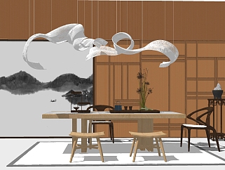 新中式茶室实木茶桌椅<em>云朵</em>异形吊灯摆件su草图模型下载