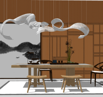 新中式茶室实木茶桌椅云朵异形吊灯摆件su草图模型下载