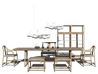 <em>新中式茶室</em>展示柜云朵灯中式椅组合su草图模型下载