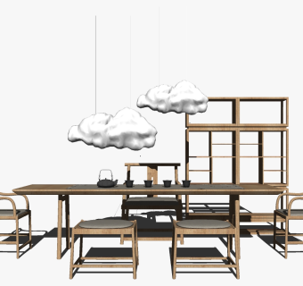 新中式茶室展示柜云朵灯中式椅组合su草图模型下载