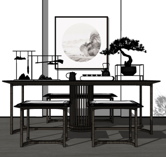 新中式茶桌椅su草图模型下载