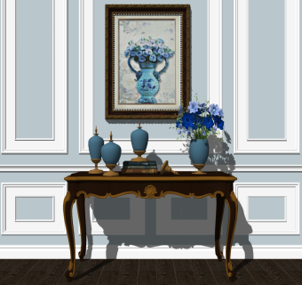 欧式实木雕花端景条案 摆件挂画su草图模型下载