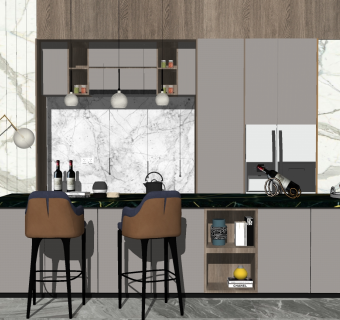 现代吧台吧椅橱柜组合su草图模型下载