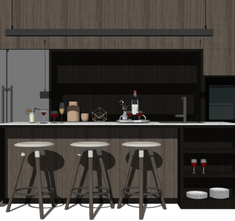 现代厨房吧台吧椅组合su草图模型下载