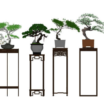 06新中式实木花架摆台盆景迎客松松树植物花盆su草图模型下载