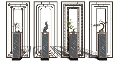 10新中式实木花架摆台盆景迎客松植物花盆su草图模型下载