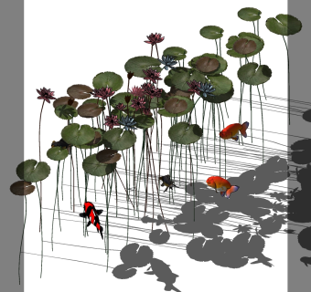 018荷花荷叶金鱼su草图模型下载