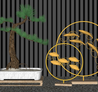 333现代景观盆栽鱼摆件su草图模型下载