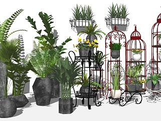 13现代绿植,盆栽,花盆,植物铁艺花架鸟笼su草图模型下载
