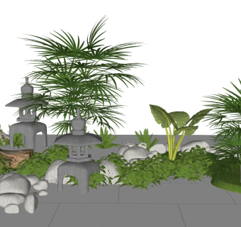 55新中式日式景观植物花草大叶植物庭院灯石灯枯树树根根雕树疙瘩su草图模型下载
