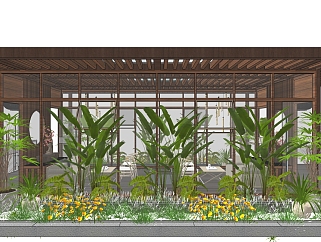 中式阳光房会所木架子房子芭蕉叶植物花槽 su草图模型下载
