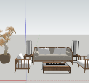 01新中式沙发茶几台灯落到地话筒麦克风组合su草图模型下载