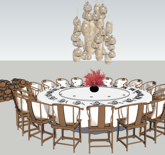 2新中式包间餐桌椅子劈柴柴火东南亚民宿农村乡村藤编竹编编织吊灯灯笼组合su草图模型下载