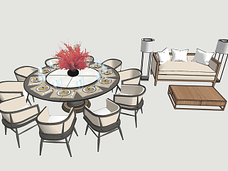 00新中式餐厅包间包房圆形餐桌椅子沙发落地灯组合2su草图模型下载