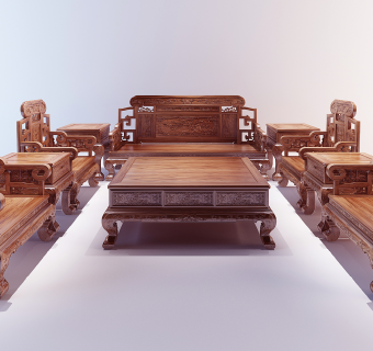 中式古典红木沙发茶几罗汉床组合su草图模型下载