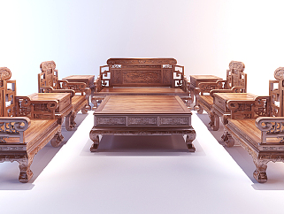 中式古典红木沙发茶几罗汉床组合su草图模型下载