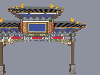 中式古典彩绘牌楼牌坊角花柱子牌匾su草图模型下载