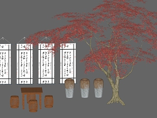 中式餐馆餐桌椅鼓凳，字画，枫树su草图<em>模型</em>下载