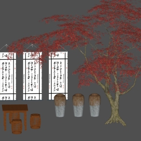 中式餐馆餐桌椅鼓凳，字画，枫树su草图模型下载