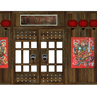 中式古典实木原木双开门红灯笼牌匾su草图模型下载