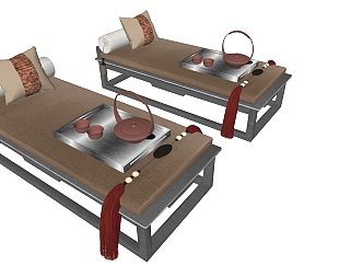 新中式床榻床尾凳茶具沙发墩su草图模型下载