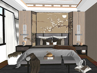 新中式双人床床头柜组合床尾踏床尾凳su草图模型下载