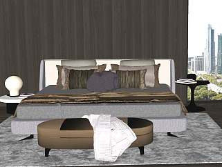 现代双人床床尾凳踏地毯(1)su草图模型下载
