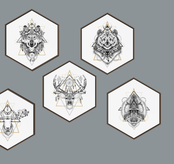 北欧现代六边形动物挂画组合 墙饰儿童房挂画su草图模型下载