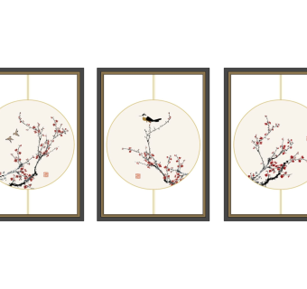 新中式梅花挂画装饰画 组合su草图模型下载