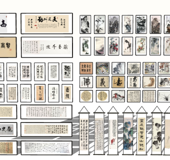中式挂画 墙画 水墨画 国画，卷轴画，画轴su草图模型下载