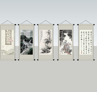 中式挂画书法字画，卷轴画su草图模型下载