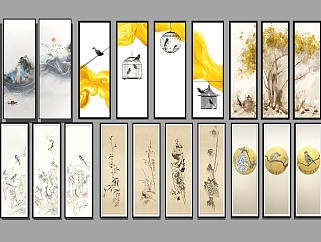 新中式水墨花鸟，假山，鸟笼组合装饰画挂画su草图模型下载