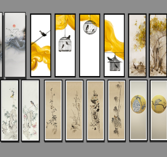 新中式水墨花鸟，假山，鸟笼组合装饰画挂画su草图模型下载