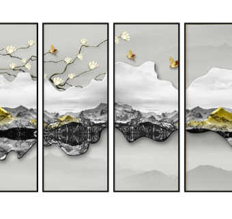 新中式立体四联装饰画挂画su草图模型下载