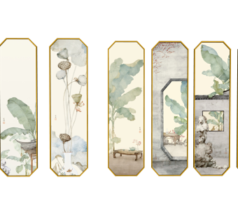 中式新中式意境玄关画装饰画，背景墙组合挂画su草图模型下载