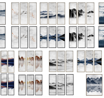 新中式意境山水装饰画，水墨挂画su草图模型下载