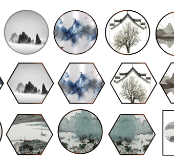 新中式意境山水挂画，多边形装饰画su草图模型下载